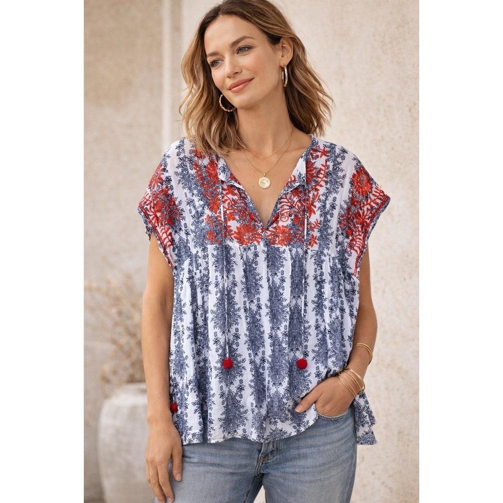 thml anthropologie top embroidered Boho Relaxed Fit Costal Summer Peasant Hippie